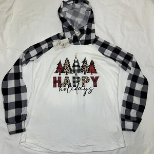 True Self Women’s Long Sleeve Hooded Happy Holidays T-Shirt Size Small New! - Picture 1 of 7