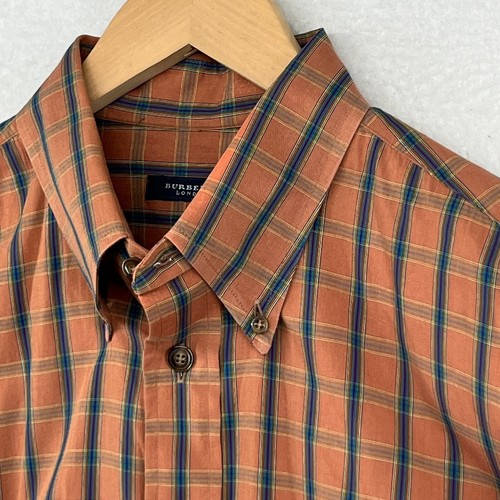 Camicia BURBERRY uomo L quadri bottoni manica lunga abito cotone arancione USA VINTAGE