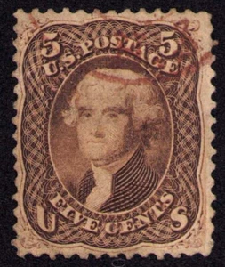 USA Scott #76 5¢ Jefferson Red Cancel Face Free Fine Margins - Picture 1 of 2
