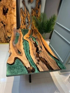 Walnut Wood Epoxy Dining Table | Metallic Green Epoxy Table Top | Custom Live Ed - Picture 1 of 9