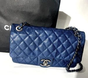 Chanel Classic Double Flap Bag Quilted Caviar Medium Blue - Picture 1 of 10
