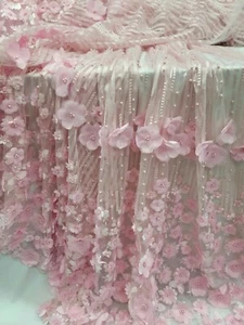Pink Beaded Lace 3d Floral Flowers Fabric Sold By the Yard Quinceañera Bridal - Picture 1 of 10