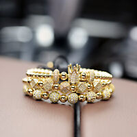 Luxury Women Queen Clear Zircon King Crown 6mm Balls Macrame Adjustable Bracelet 