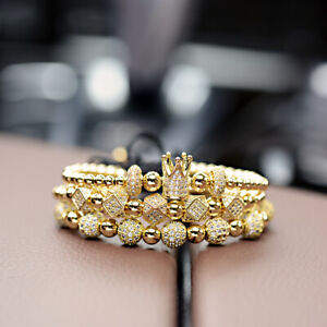 Luxury Men's Women Micro Pave CZ Ball Crown Polygon Braided Adjustable Bracelets
