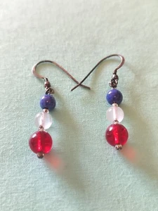 Sterling Silber Haken Kunst Glas Perlen Ohrringe rot weiß blau 4. Juli - Bild 1 von 6