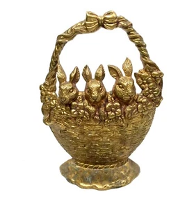 Vintage Solid Brass Doorstop / Stopper - Bunnies in a Basket / Antique Style - Picture 1 of 6