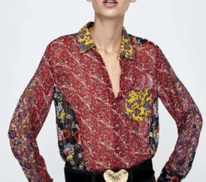 Zara Blouse Womens Sheer Long Sleeve Pocket Collared Button Down Size Small - Picture 1 of 10