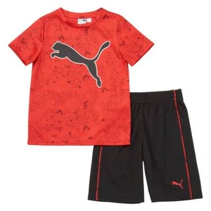 NWT - PUMA Boys' Active Shorts - High Risk Red Logo Tee & Black Shorts - Size 5 - Picture 1 of 4