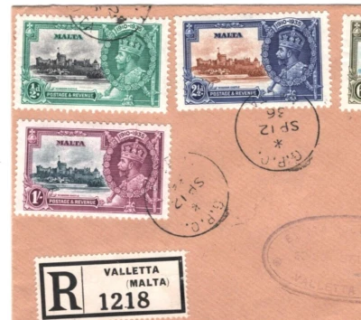 MALTA KGV Cover 1935 *SILVER JUBILEE* Set{4} Valletta Registered ROYALTY KA895 - Image 1 of 4