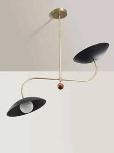 Mid Century Chandelier 1950's Handmade 2 Shades Light Glass & Brass Ceiling - Picture 1 of 7