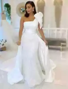 Satin Sequin Mermaid Wedding Dresses One Shoulder White With Bow Bridal Gowns - Picture 1 of 6