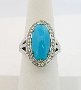 Estate 925 Silver Turquoise Ring w/ Crystals & Tsavorite, Size 7, India, 7.9g - Picture 1 of 12