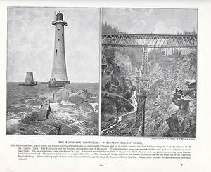 1897 VICTORIAN PRINT ~ EDDYSTONE LIGHTHOUSE ~ CANADIAN RAILWAY BRIDGE PLUS TEXT - Picture 1 of 1