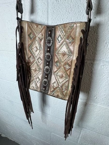 Trinity Ranch Western Crossbody Bag Fringe Aztec Tooled Concho Brown Purse READ - Picture 1 of 16