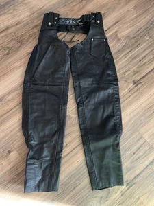 Allstate Leather Chaps Sz XS Black Motorcycle Full Leg Zips Adjustable Belt - Picture 1 of 8
