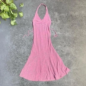 VINTAGE 2000s Y2K Pink Sparkly Backless Halter Mermaid Maxi Formal Event Dress,8 - Picture 1 of 19