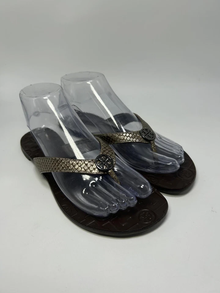 Sandalias Tory Burch THORA Tanga Chanclas Piel de Serpiente Plateadas Negras Gunmetal 8 Usadas Foto 1 de 4