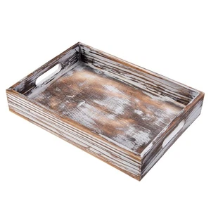 Rustic Whitewashed Wood Food Serving Tray Cutout Carrying Handles Breakfast i... - Picture 1 of 7