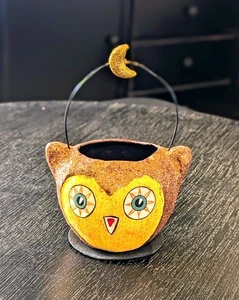 VTG MINI 3" Dept 56 Halloween Paper Mache Golden Owl Glitter Candy Bucket Pail - Picture 1 of 8