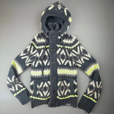 Abercrombie Jacket Men S Fair Isle Wool Blend Knit Hoodie Zip Button Lined - Image 1 of 4