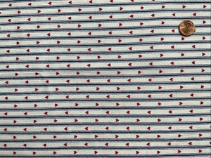 Lot of 1 Yd Vintage Red Hearts on Blue Ticking Stripe Cotton Quilt Fabric Washed - Picture 1 of 3