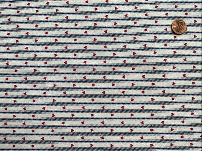 Lot of 1 Yd Vintage Red Hearts on Blue Ticking Stripe Cotton Quilt Fabric Washed - Image 1 of 3