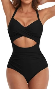 Women's One Piece Swimsuits Tummy Control Cutout High Waisted Bathing Suit Wr... - Picture 1 of 6