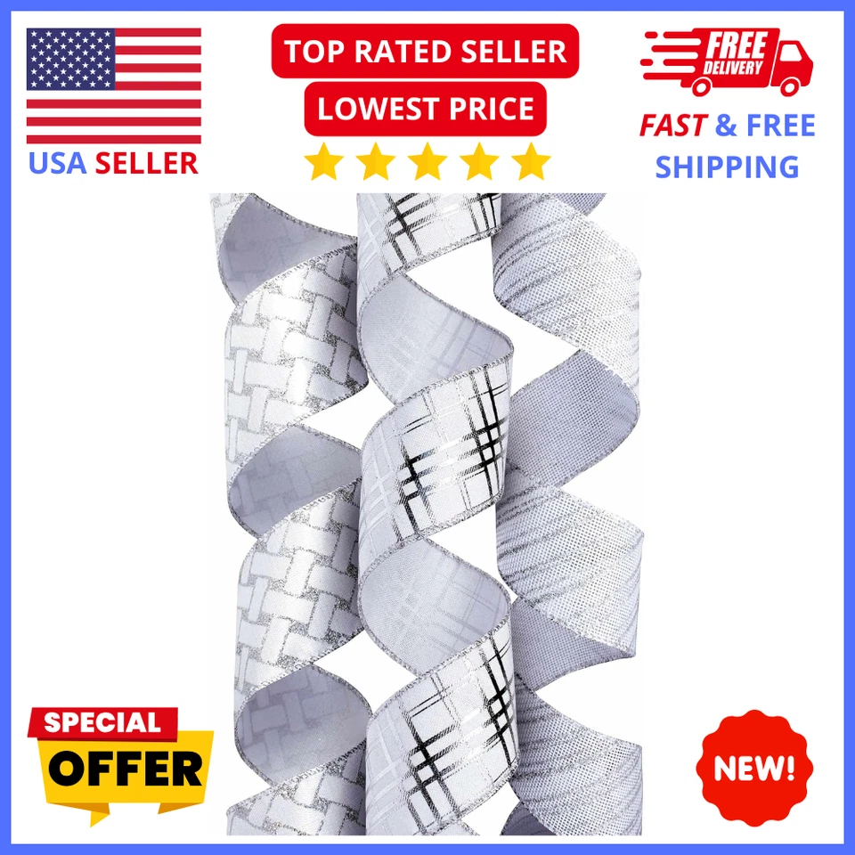 Cinta plateada con cable de 2,5" x 36 yardas - Rollos de organza con brillo puro para regalo y decoración Foto 1 de 4