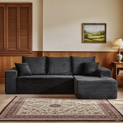 107"Black Boneless Sofa Plush Corduroy L Shaped Sectional Couch with Right Chair - Image 1 of 4