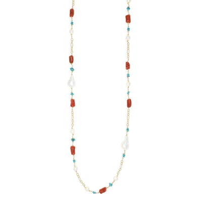 Collana lunga Nivy argento 925 dorato, corallo, perle barocche, turchese CARP... - Immagine 1 di 3