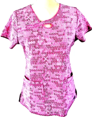 Med Couture Women's Scrub Top Small Cap Sleeve Pink Red Geometric Keyhole V neck - Image 1 of 4