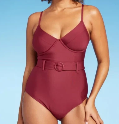女式钢圈腰带连体泳衣-浅色和海岸红色大号 — 第 1/4 张图片