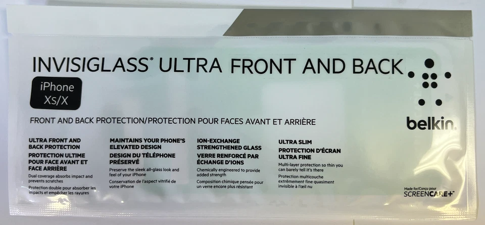 New Belkin Invisiglass Front and Back Screen protector for Iphone  Xs/X - Image 1 of 2