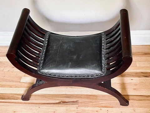 Beautiful Mahogany Savonarola Armless Chair with Leather Saddle Vintage MCM Cover
