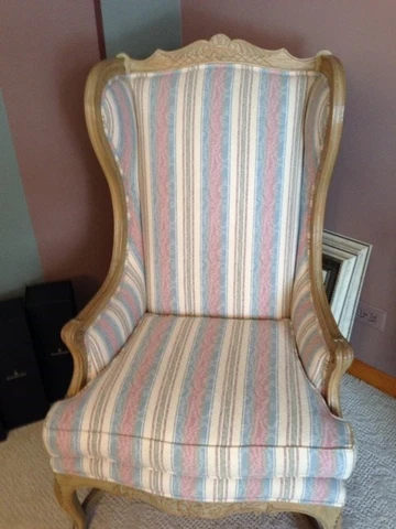 42858:  Pair Vintage French Louis XV Style Provincial tall Wing Back Arm Chairs Cover