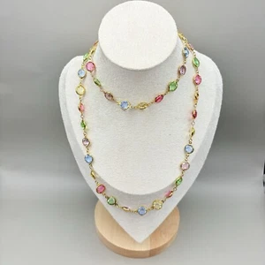 Austrian Crystal Multicolor Bezel vintage Necklace Yellow Gold Plated 29” - Picture 1 of 10
