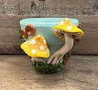 Teal Garden Pot With Handmade Hand-painted Clay Yellow Mushroom Decor 2"