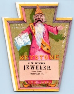 KEYSTONE WATCH CASES*MONTPELIER VT*SKINNER*WIZARD*DIE CUT VICTORIAN TRADE CARD - Picture 1 of 2
