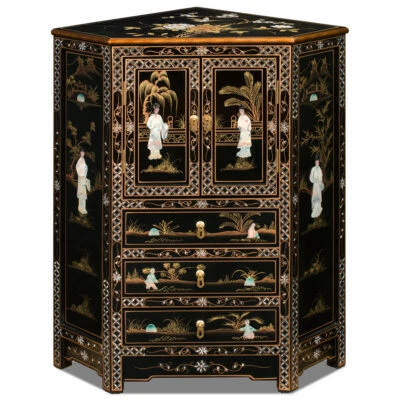 US Seller - Black Lacquer Mother of Pearl Oriental Corner Cabinet - Image 1 of 4
