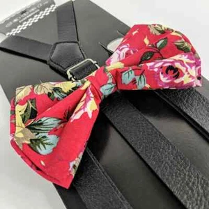Black Leather Pink Floral Suspender and Bow Tie Set Tuxedo Wedding Formal - Picture 1 of 4