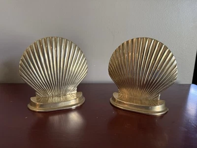 "Par de sujetalibros vintage de latón concha marina decoración náutica de playa 5""" Foto 1 de 4