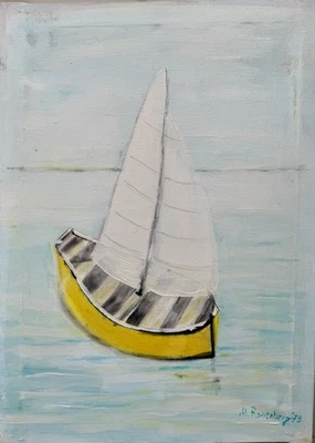 Original alte maritimes Landschaftsbild, dekorativ/naiv, Ölgemälde signiert 1973 - Bild 1 von 4