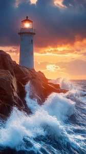 Canvas Art Blue Orange Lighthouse Crashing Waves Wall Picture Poster Print - Picture 1 of 22