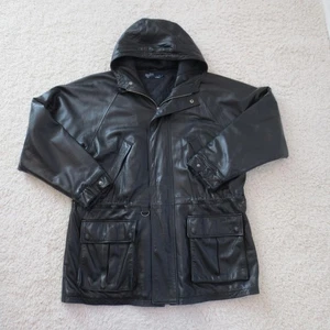 Polo Ralph Lauren Jacket Mens Large Black Leather Hooded Quilted Vintage 90s - Picture 1 of 14