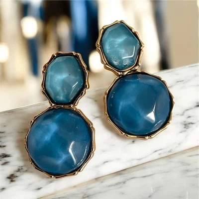 Wunderschöne Statement Vintage Ohrringe Retro Ohrstecker Blau Goldfarben Boho - Bild 1 von 4