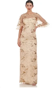 JS Collections Gold Taupe Daphne Embroidered Sequin Column Gown Size 6 $298 - Picture 1 of 3
