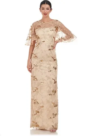 JS Collections Gold Taupe Daphne Embroidered Sequin Column Gown Size 6 $298 - Image 1 of 3