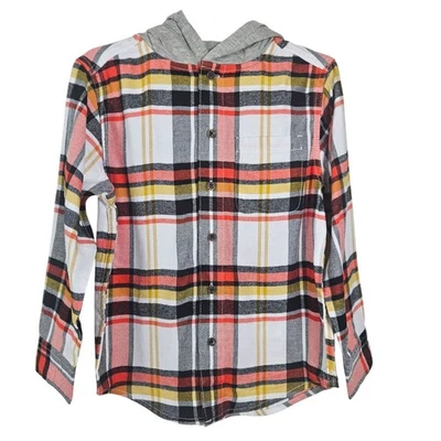 Boys Size Med/ 8 Hooded Plaid Shirt Chest Pocket Button Up Long Sleeve School - Image 1 of 4
