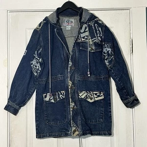 Get Used by Elie 90s Hooded Streetwear Denim Jacket Logo Patchwork Small - Bild 1 von 16
