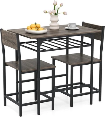 3 Piece Bar Dining Table Set with Storage Grey Stools Space Saving Kitchen - Image 1 of 4